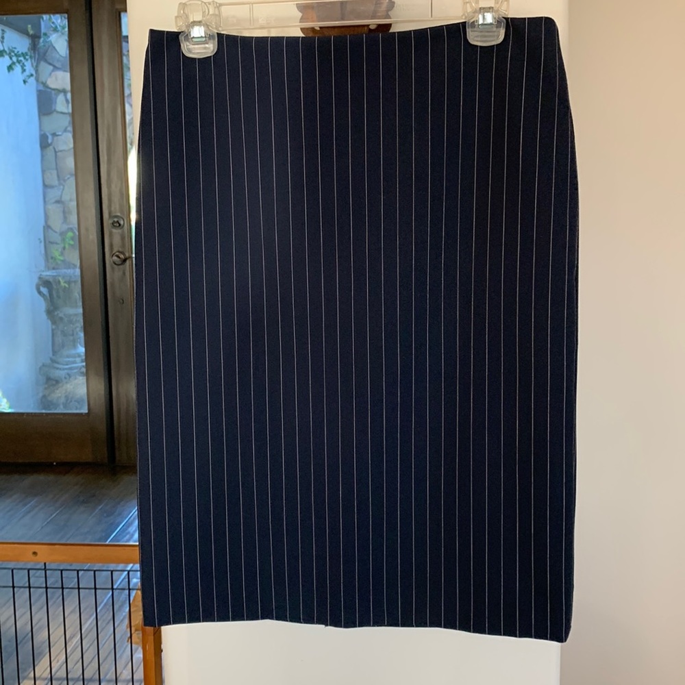 VS slim pencil navy and white pin stripe skirt with back vent, never worn